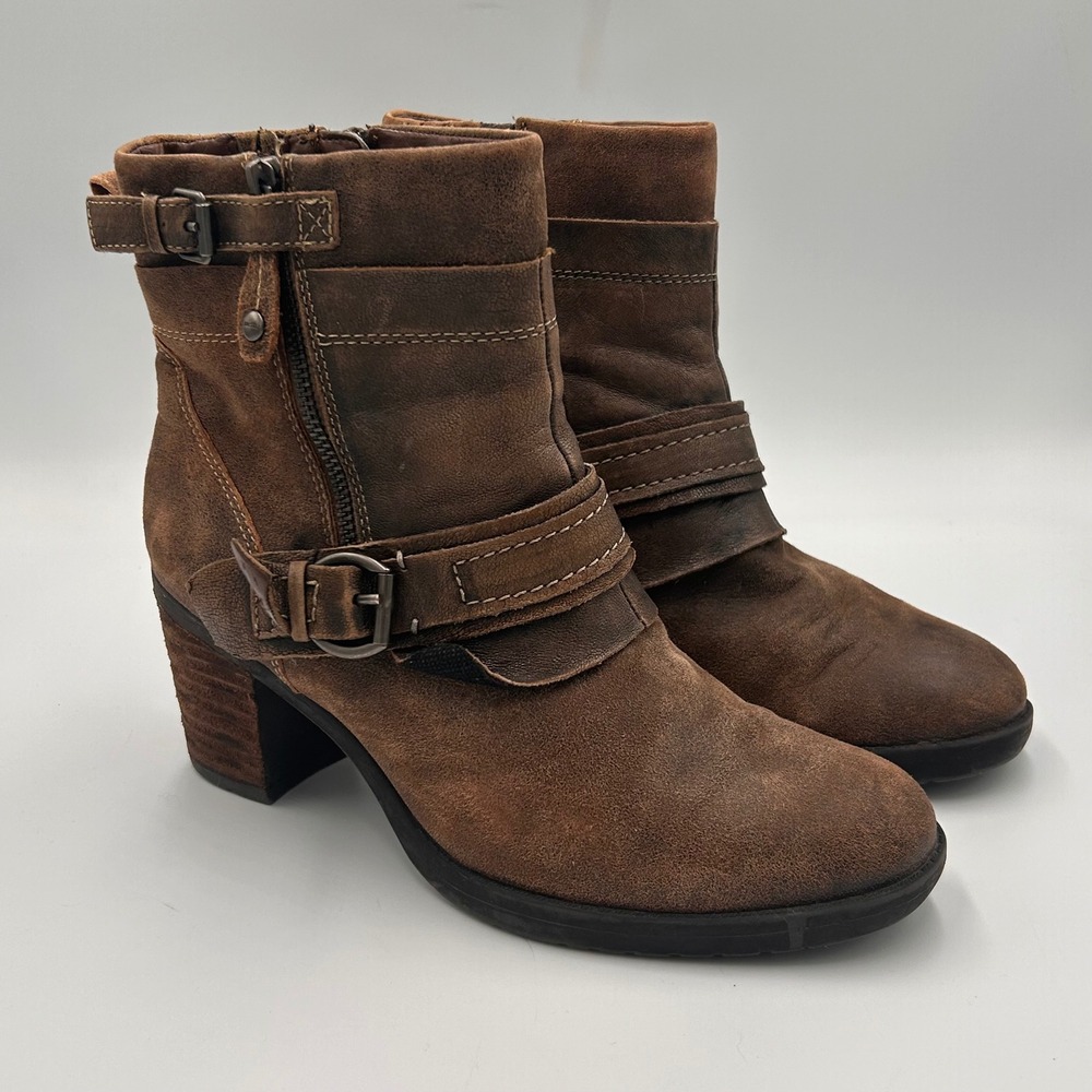 Earth Moto Ankle Boots Womens 8B Brown‎ Leather Buckle Strap Side Zip